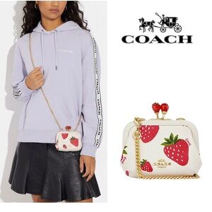 Rare! 🍓Coach Nora Kisslock Card Case Crossbody Chalk & Wild Strawberry + COA🍓